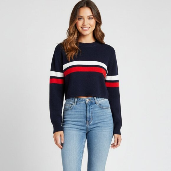 Bluenotes Women's Sweater Top Knit Cropped Stripe Long sleeve Navy Blue Medium - Picture 1 of 11